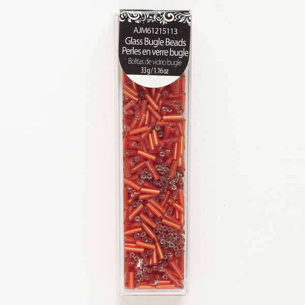 Bead bugle bead glass 1pk 7x2mm round tube, silver-lined orange-red, 33 gram image number 0