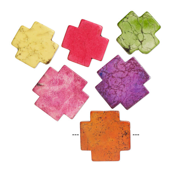 Bead mix, magnesite (dyed / stabilized), mixed colors, 35-41mm Swiss cross, C grade, Mohs hardness 3-1/2 to 4. Sold per pkg of 6. image number 0