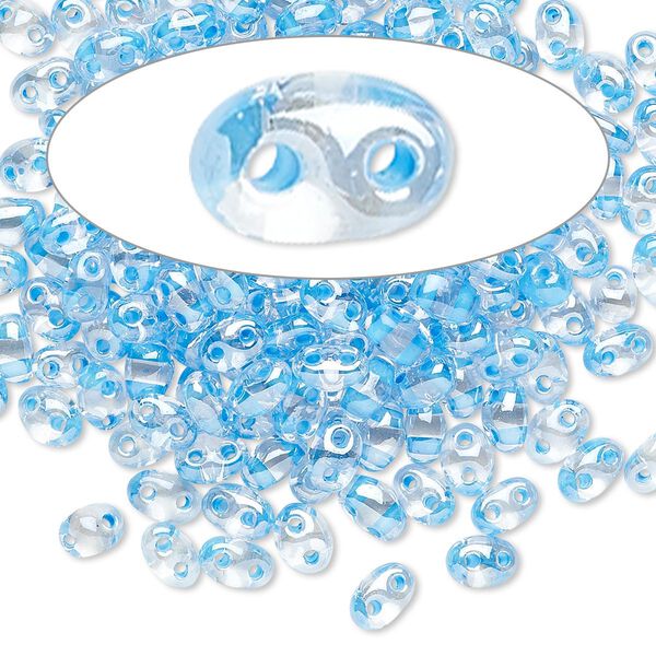 Seed bead, Preciosa Twin™ Czech glass, pkg/10g, 5x2.5mm oval, transparent sky blue terra color-lined clear, (38665). image number 0