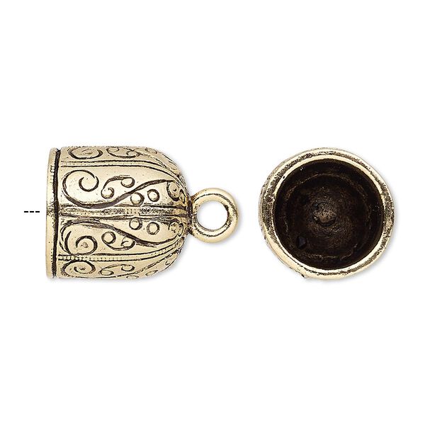 Cord end, glue-in, antique gold-plated pewter (tin-based alloy), 15x13.5mm bell with swirl design, 11mm inside diameter. Sold individually. image number 0