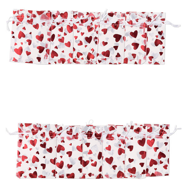 Pouch, organza, pkg/12, white/red/silver, 4-1/2 x 3-1/2 inches with hearts pattern and drawstring closure. image number 0