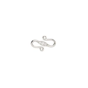 Clasp, S-hook, cubic zirconia and rhodium-plated sterling silver, clear, 12.5x8mm single-sided overall. Sold individually.