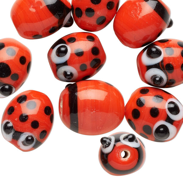 Bead, lampworked glass, opaque red / black / white, 14x13mm ladybug. Sold per pkg of 10. image number 0