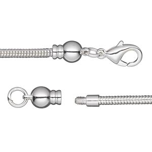 Chain 1pkg1 silver-plated snake, 2.6mm / lobster claw clasp / fits 3.5-6mm hole, Dione® brass 8 inch