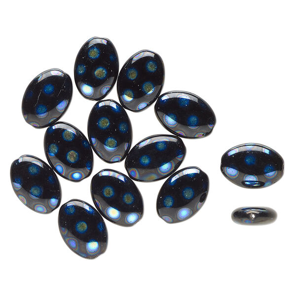 Bead, Czech pressed glass, opaque metallic black iris, 16x11mm puffed oval with dot design. Sold per pkg of 13. image number 0
