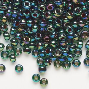 Seed bead, Miyuki, glass, pkg/25g, #6 rocaille, translucent cobalt-lined rainbow green (RR-344).