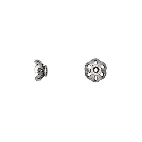 Bead cap, sterling silver, 7x4mm open round, fits 6-8mm bead. Sold per pkg of 6. image number 0