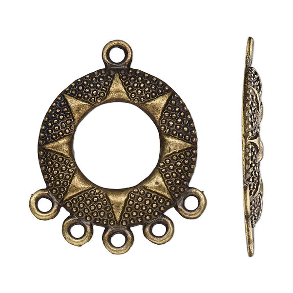 Drop, antique brass-finished "pewter" (zinc-based alloy), 24mm single-sided slightly domed open beaded round with sun design and 5 closed loops. Sold per pkg of 10. image number 0