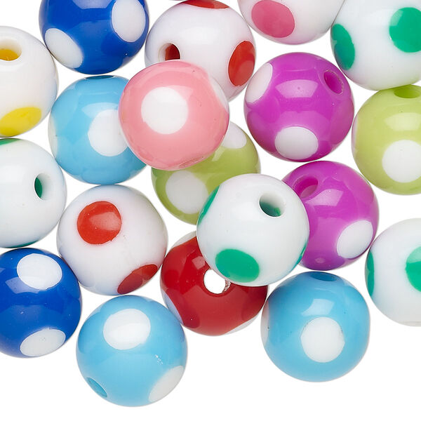Bead mix, resin, multicolored, 11mm round with dot design. Sold per pkg of 20. image number 0