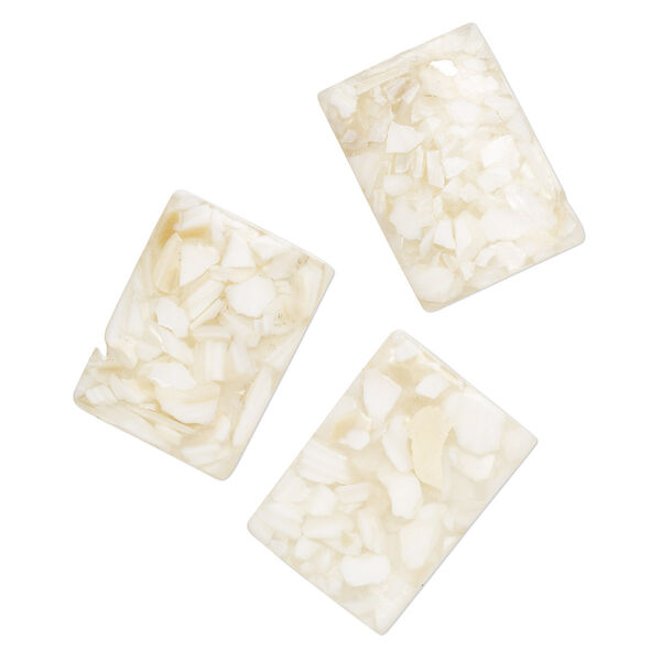 Bead, mother-of-pearl shell (assembled) and resin, white, 34x23mm-37x25mm puffed rectangle, Mohs hardness 3-1/2. Sold per pkg of 3. image number 0