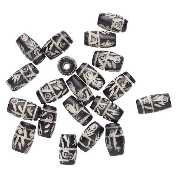 Bead, bone (dyed), black and white, 13x6mm-13x8mm hand-cut carved hairpipe with line and dot design, Mohs hardness 2-1/2. Sold per pkg of 20. image number 0