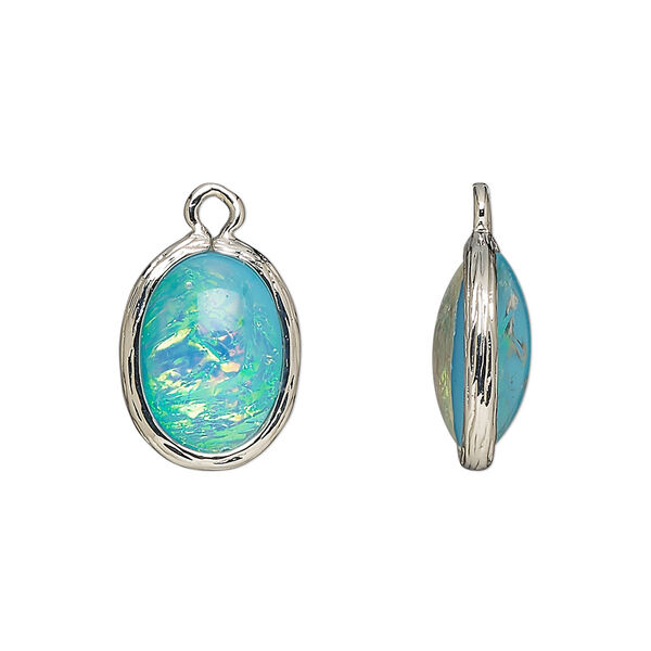 Drop, Opalized Ice™, "opal" (resin) and imitation rhodium-finished brass, opaque light blue, 16x12mm double-sided oval. Sold per pkg of 4. image number 0