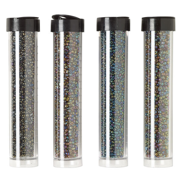 Seed bead assortment, Ming Tree™, glass, pkg/(4) 4 x 3/4 inch vials, #11 round, opaque and translucent rainbow iris brown, moss, green and gold purple. image number 0
