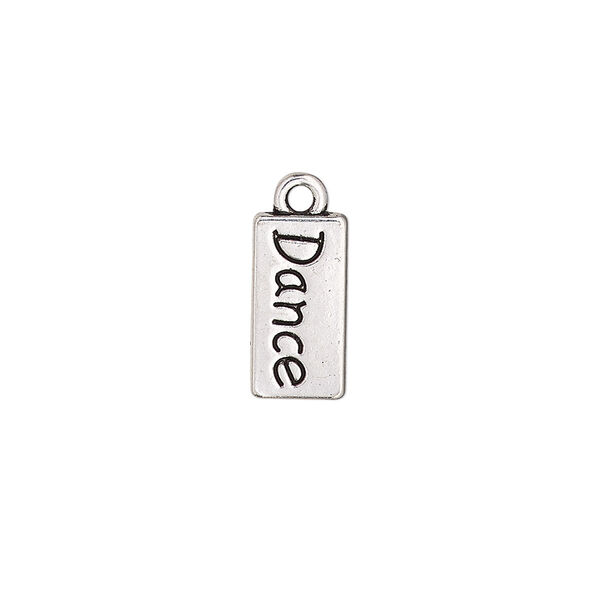 Drop, antique silver-finished "pewter" (zinc-based alloy), 14x7mm single-sided flat rectangle with "Dance." Sold per pkg of 2. image number 0