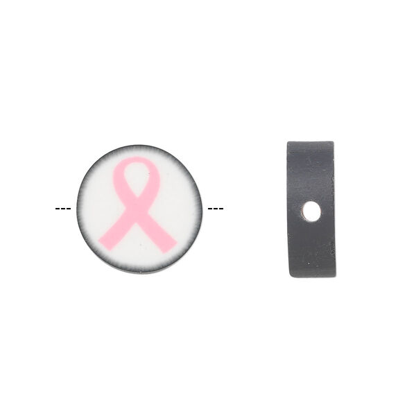 Bead, polymer clay, white / black / pink, 14mm double-sided flat round with awareness ribbon. Sold per pkg of 30. image number 0