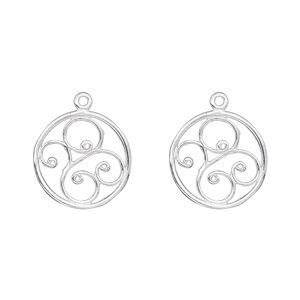 Drop, sterling silver, 14mm single-sided filigree round. Sold per pkg of 2.