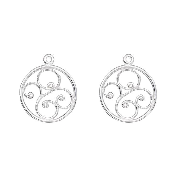 Drop, sterling silver, 14mm single-sided filigree round. Sold per pkg of 2. image number 0