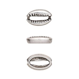 Component, antique silver-finished pewter (tin-based alloy), 12x8mm two-sided cowrie. Sold per pkg of 20.