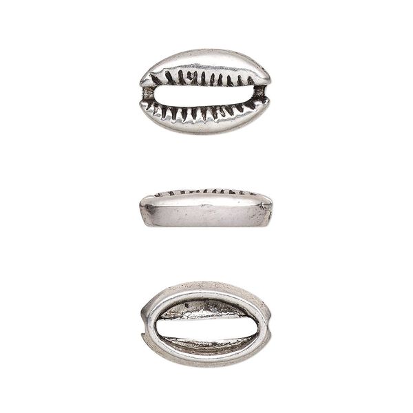 Component, antique silver-finished pewter (tin-based alloy), 12x8mm two-sided cowrie. Sold per pkg of 20. image number 0