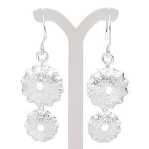 Earring, Hill Tribes, silver-plated copper, 3 inches with double domed round and fancy design with French hook ear wire. Sold per pair.