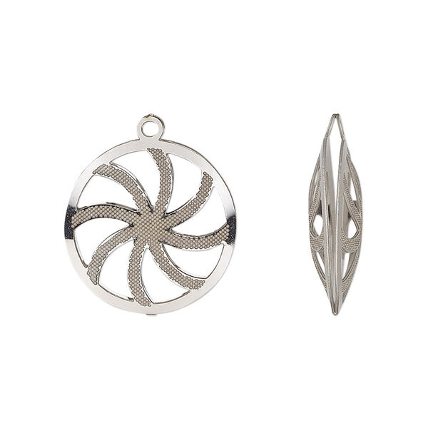 Drop, stainless steel, 18mm double-sided domed round with textured cut-out swirl design. Sold per pkg of 6. image number 0
