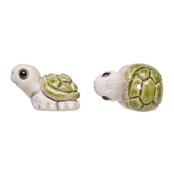 Bead, glazed ceramic, multicolored, 19x12mm hand-painted turtle. Sold per pkg of 2. image number 0