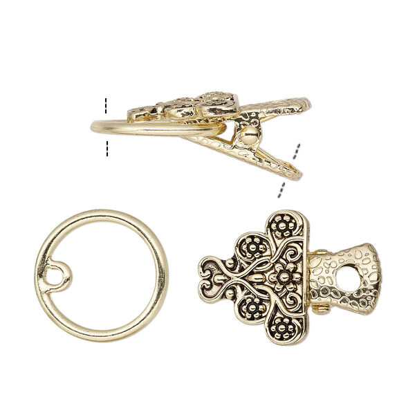 Clasp, alligator clip, antique gold-finished steel and "pewter" (zinc-based alloy), 19x17x17mm fancy triangle with flower and heart design. Sold individually. image number 0