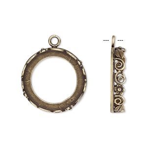 Drop, JBB Findings, antiqued brass, 20mm round with open back and flower and leaf design trim, 18mm round bezel setting. Sold per pkg of 2.