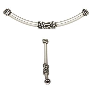 Bead, antiqued sterling silver, 38x3mm curved tube with rope design. Sold individually.