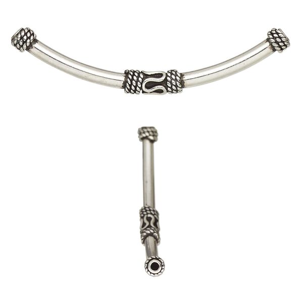 Bead, antiqued sterling silver, 38x3mm curved tube with rope design. Sold individually. image number 0