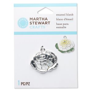 Charm, silver-finished "pewter" (zinc-based alloy), 28x26mm cabbage rose enamel blank. Sold individually.