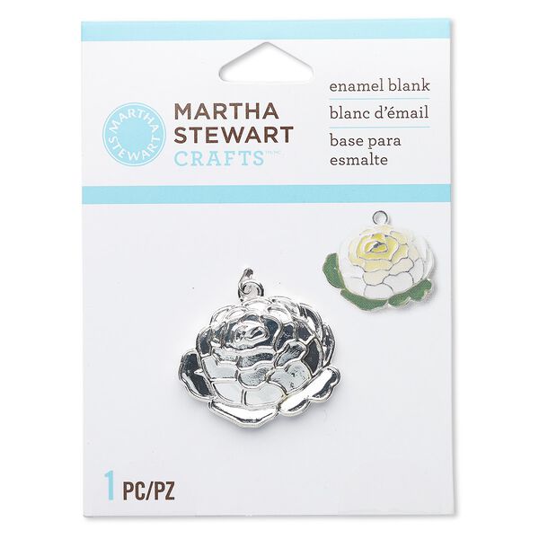 Charm, silver-finished "pewter" (zinc-based alloy), 28x26mm cabbage rose enamel blank. Sold individually. image number 0