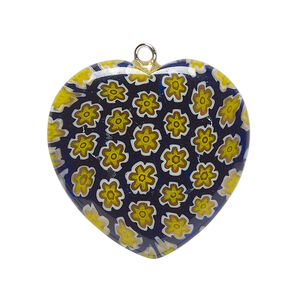 Focal, millefiori glass and silver-finished steel 1pkg1, translucent cobalt blue / yellow / white, 29-31mm puffed heart.