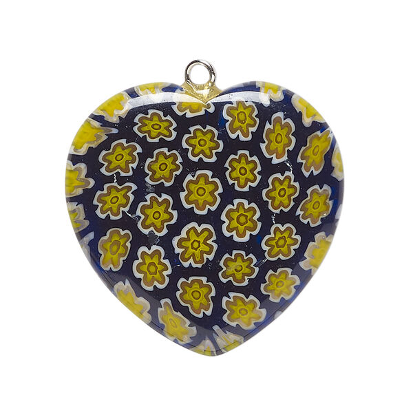 Focal, millefiori glass and silver-finished steel 1pkg1, translucent cobalt blue / yellow / white, 29-31mm puffed heart. image number 0