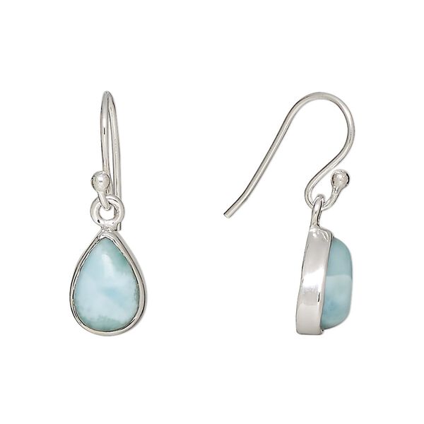 Earring, larimar (natural) and sterling silver, 24mm with 11x8mm teardrop and fishhook wire, 21 gauge. Sold per pair. image number 0