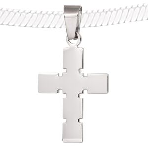 Pendant, stainless steel, 32x20mm double-sided notched cross. Sold individually.