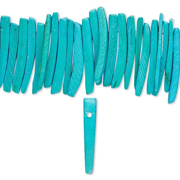 Bead, coconut palm wood (dyed / waxed), aqua blue, 25x4mm hand-cut top-drilled stick. Sold per 15-1/2" to 16" strand. image number 0
