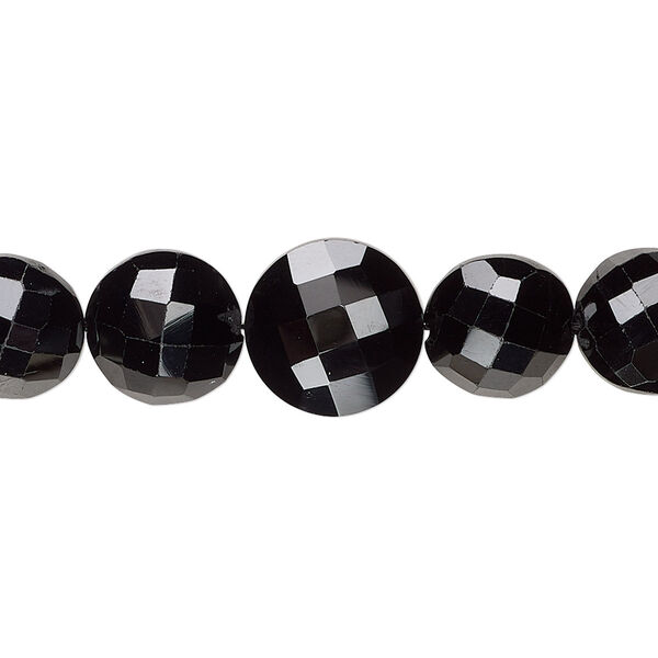 Bead, black spinel (natural), 8-12mm graduated hand-cut faceted puffed flat round, B+ grade, Mohs hardness 8. Sold per 4-inch strand, approximately 10 beads. image number 0