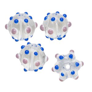 Bead, lampworked glass, clear / dark blue / lavender, 15x13mm fluted round. Sold per pkg of 4.