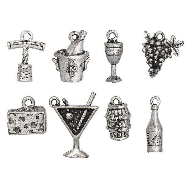 Charm set, antiqued pewter (tin-based alloy), 14x5mm-20.5x15.5mm wine theme. Sold per 8-piece set. image number 0