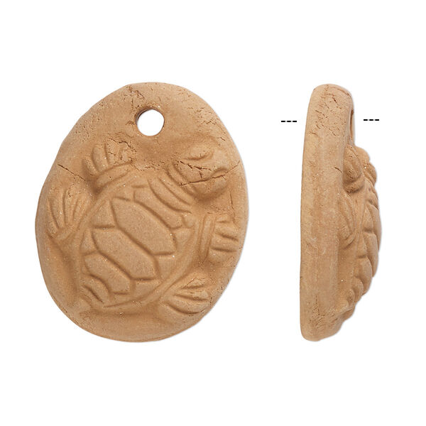 Drop, terra cotta, 26x20mm-28x22mm single-sided flat oval with turtle design. Sold per pkg of 2. image number 0