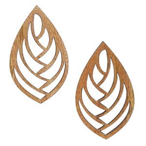 Focal, mango wood (coated), 62.5 x 37.5mm 2-sided laser-cut leaf with cutouts. Sold per pkg of 2.