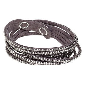 Bracelet, 4-strand wrap, acrylic rhinestone / faux suede / imitation rhodium-plated brass, grey and metallic silver, 13mm wide, adjustable at 6 and 7 inches with snap closure. Sold individually.