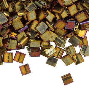 Seed bead, TILA®, glass, pkg/40g, 5mm full tila square, opaque metallic rainbow golden, (TL-462).
