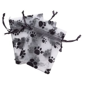 Pouch, satin and flocked organza, grey and black, 4x3-inch rectangle with paw prints design and drawstring. Sold per pkg of 12.