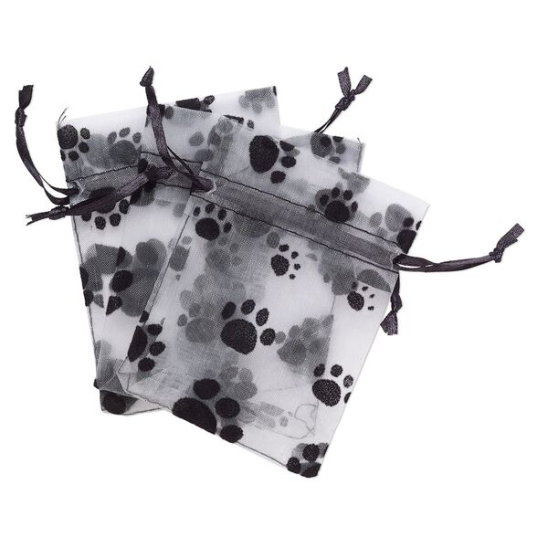 Pouch, satin and flocked organza, grey and black, 4x3-inch rectangle with paw prints design and drawstring. Sold per pkg of 12. image number 0