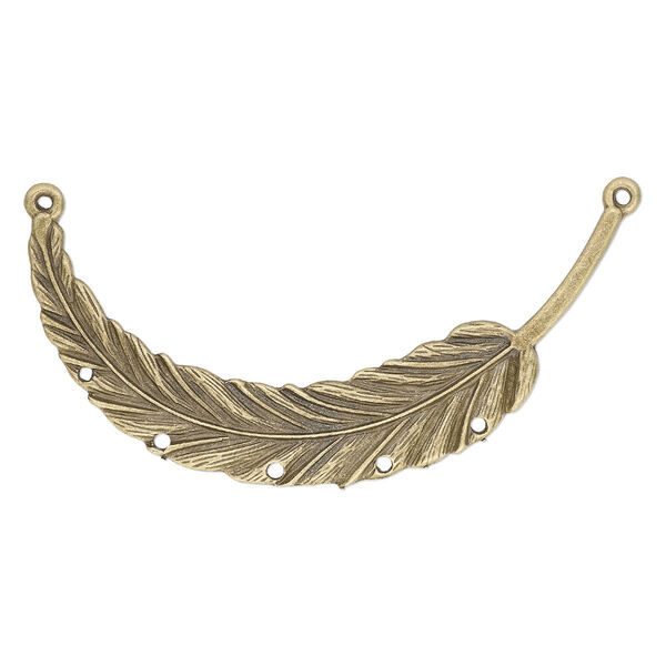 Connector, antique gold-finished "pewter" (zinc-based alloy), 3-1/4 x 1-1/2 inch single-sided curved feather with 5 holes and 2 loops. Sold individually. image number 0
