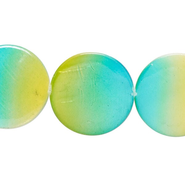 Mother-of-pearl shell 1pkg1, puffed flat round bead 15 inch shaded teal / yellow 19-20mm image number 0