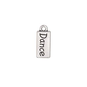 Drop, antique silver-finished "pewter" (zinc-based alloy), 14x7mm single-sided flat rectangle with "Dance." Sold per pkg of 2.