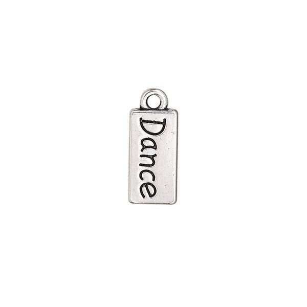 Drop, antique silver-finished "pewter" (zinc-based alloy), 14x7mm single-sided flat rectangle with "Dance." Sold per pkg of 2. image number 0